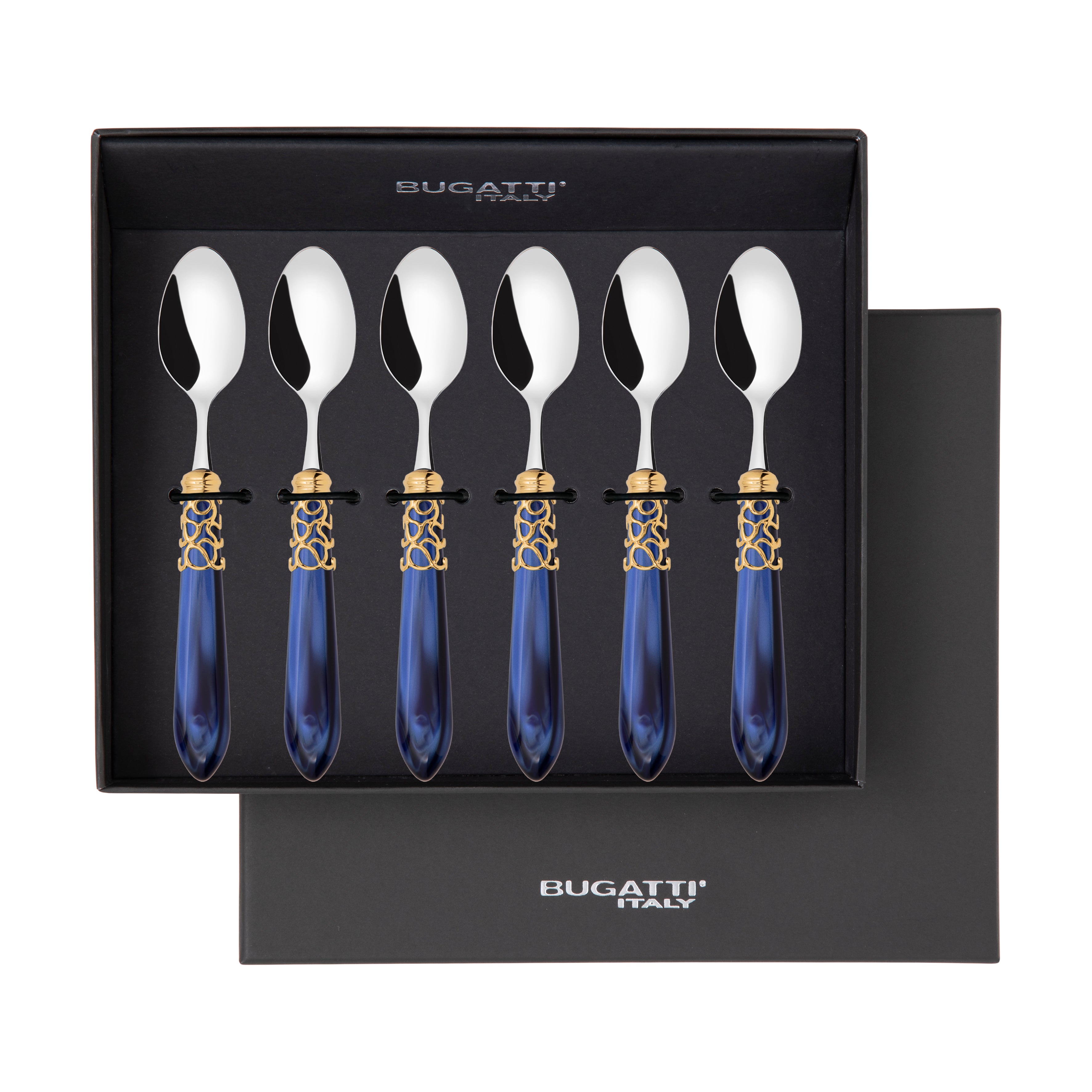 Melodia Gold 6 Piece Moka Spoon Set in gift box royal blue