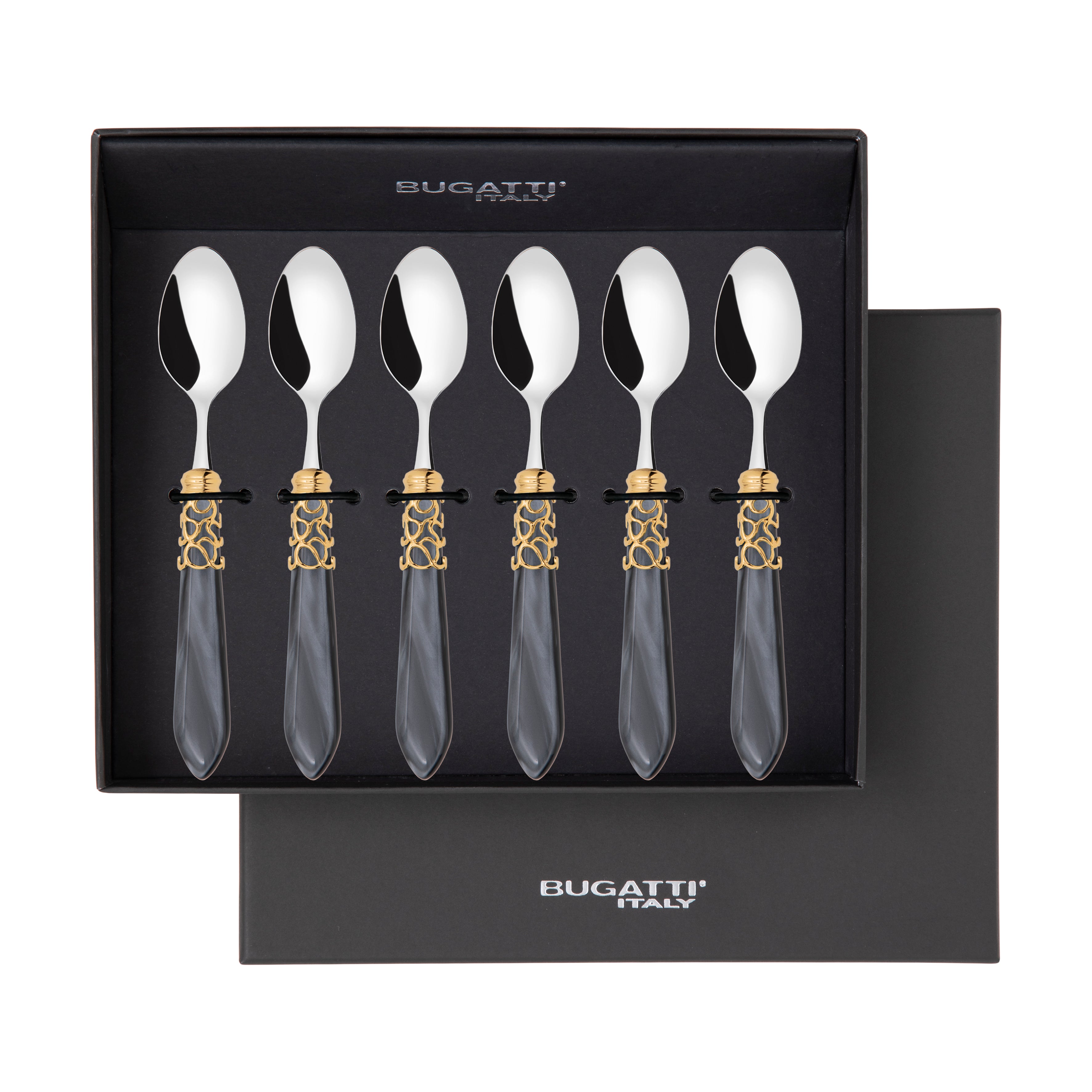 Melodia Gold 6 Piece Moka Spoon Set in gift box charcoal