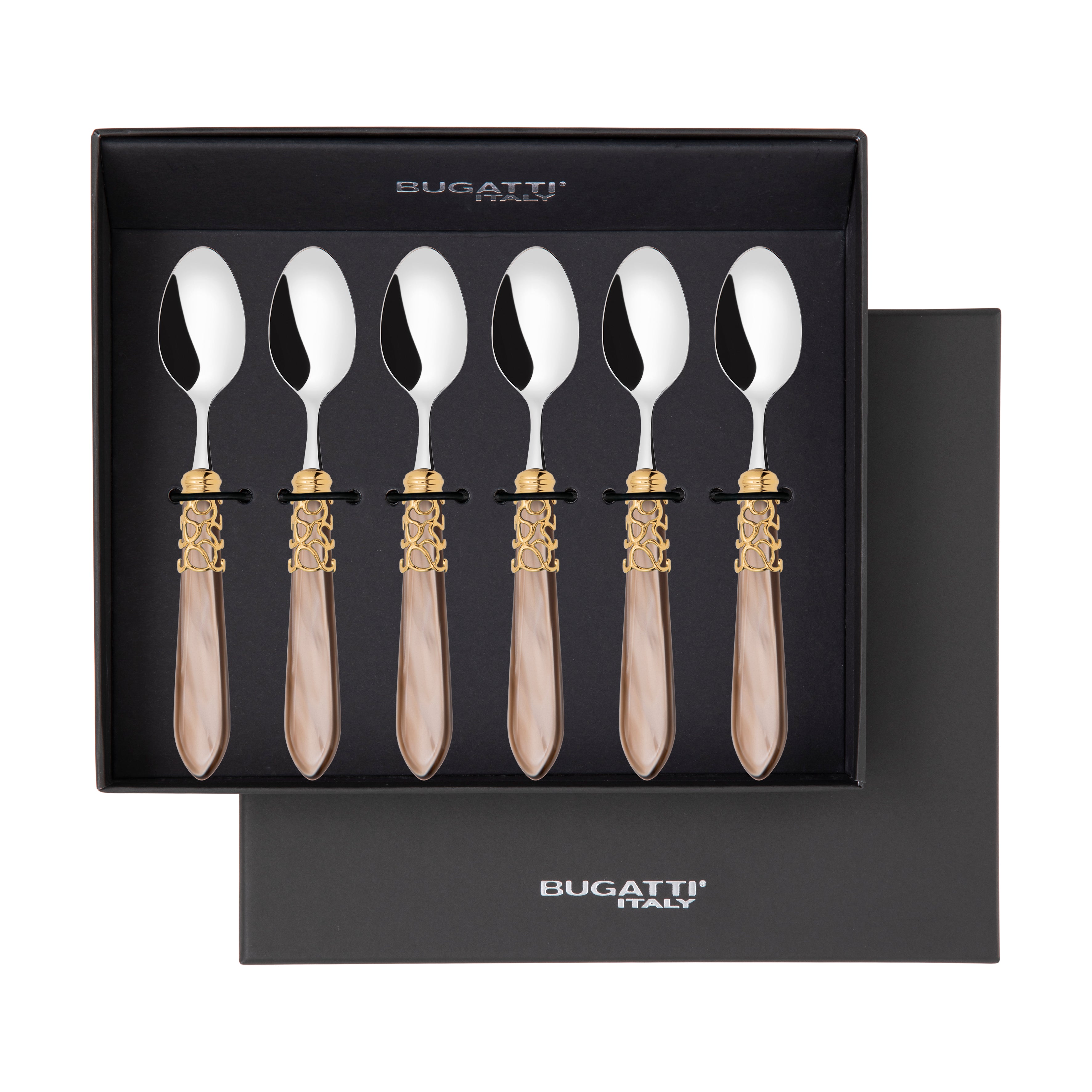 Melodia Gold 6 Piece Moka Spoon Set in gift box taupe