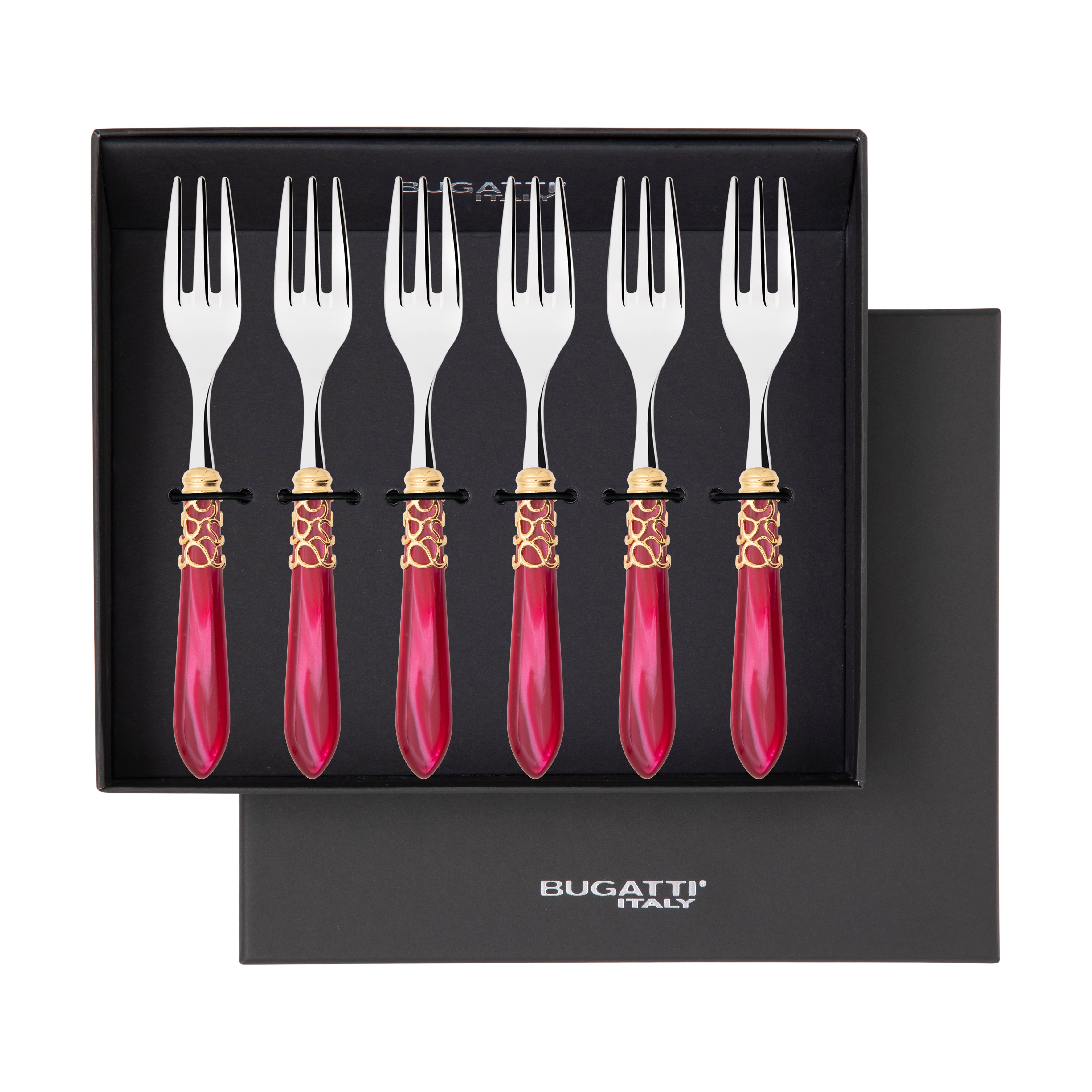 Melodia Gold Cocktail / Cake Fork Set in gift box - raspberry