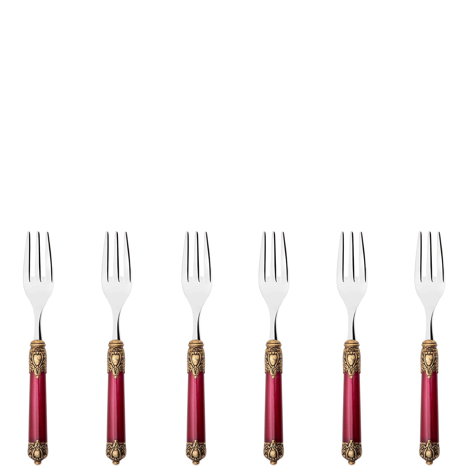 Rinascimento Gold ring Cocktail / Cake Forks Set in Gift Box - Burgundy