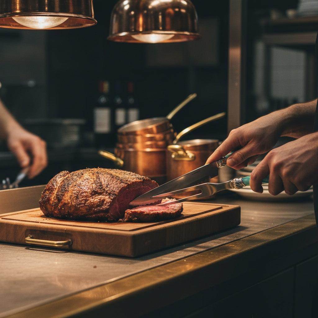 Falabella Brilliant Roast Carving Set - Aqua, in use