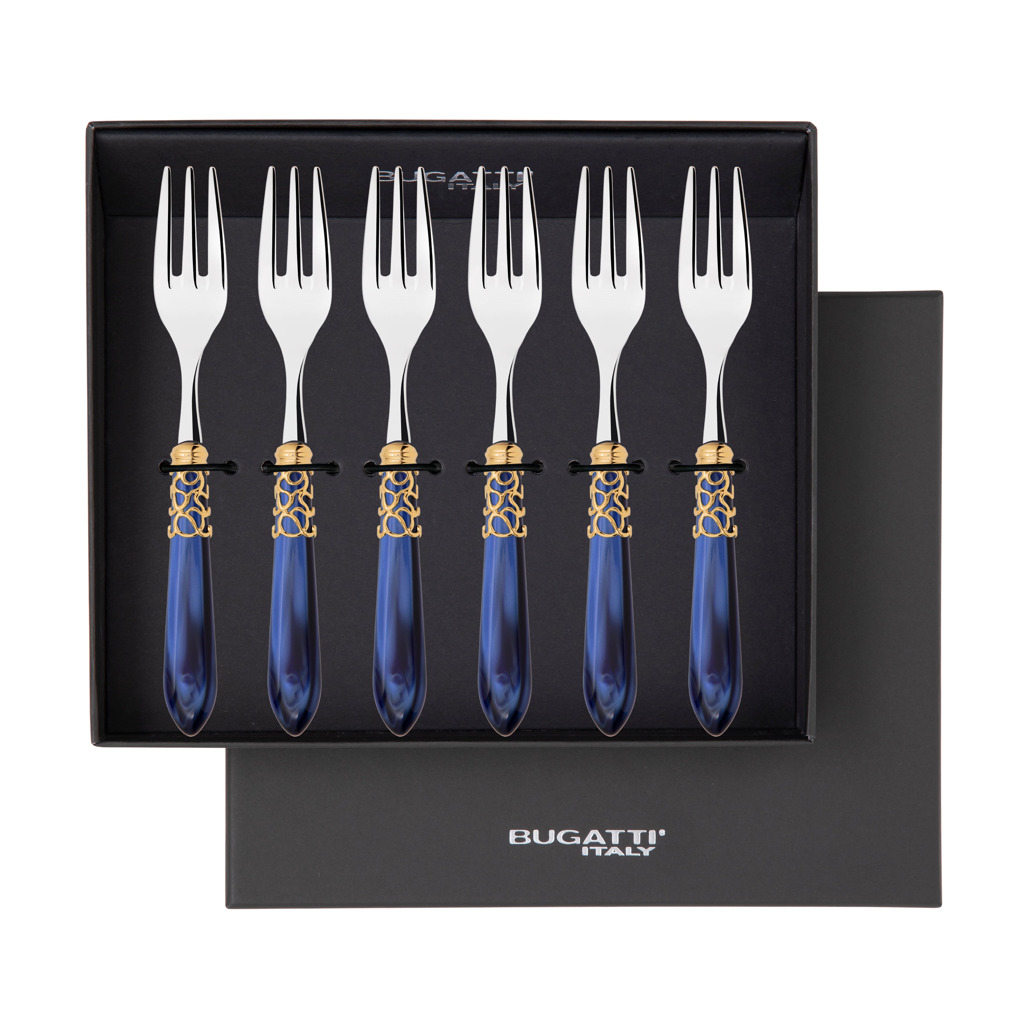 Melodia Gold Cocktail / Cake Fork Set in gift box - royal blue