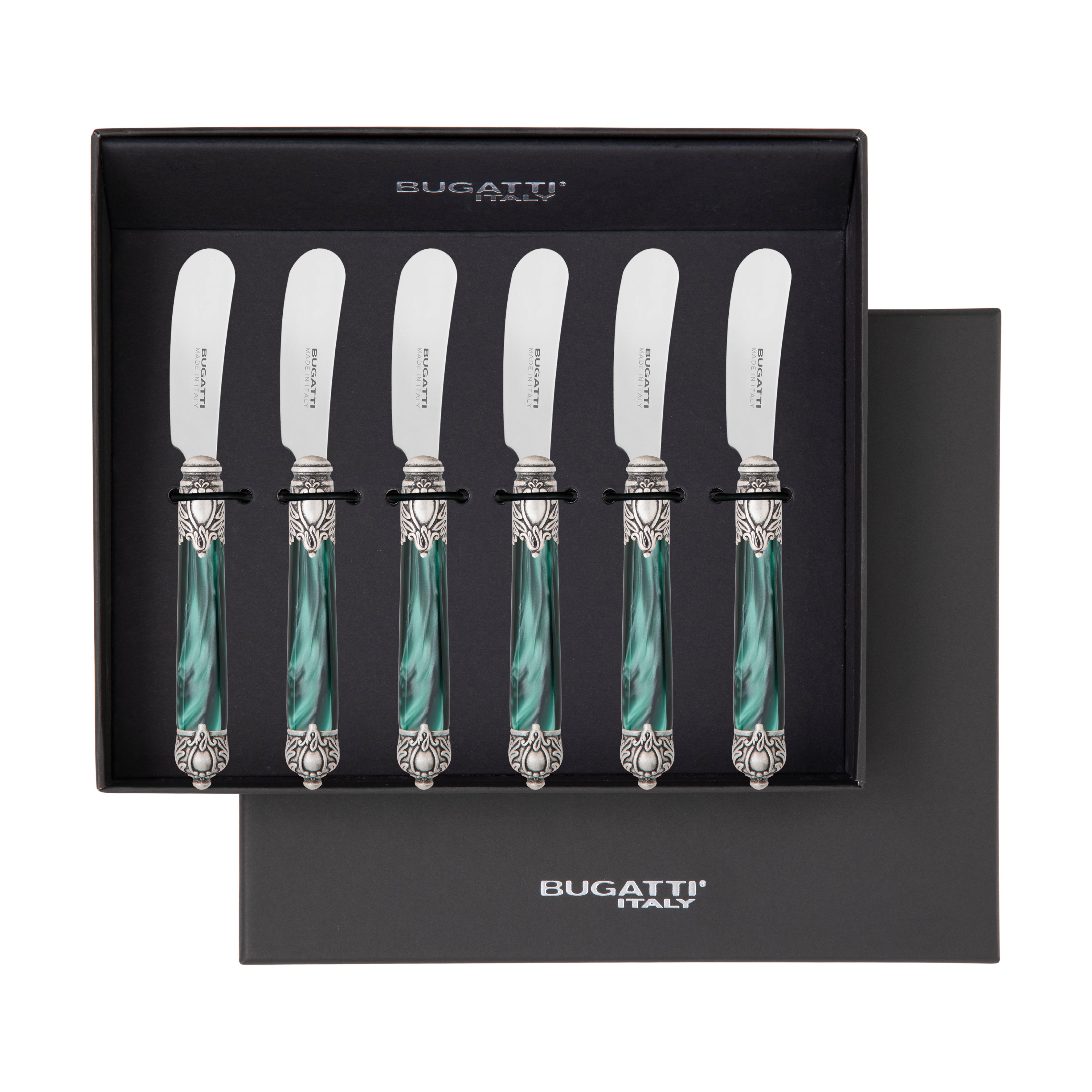 Rinascimento Antique Silver Butter Knife Set, Emerald Green — Casa Bugatti
