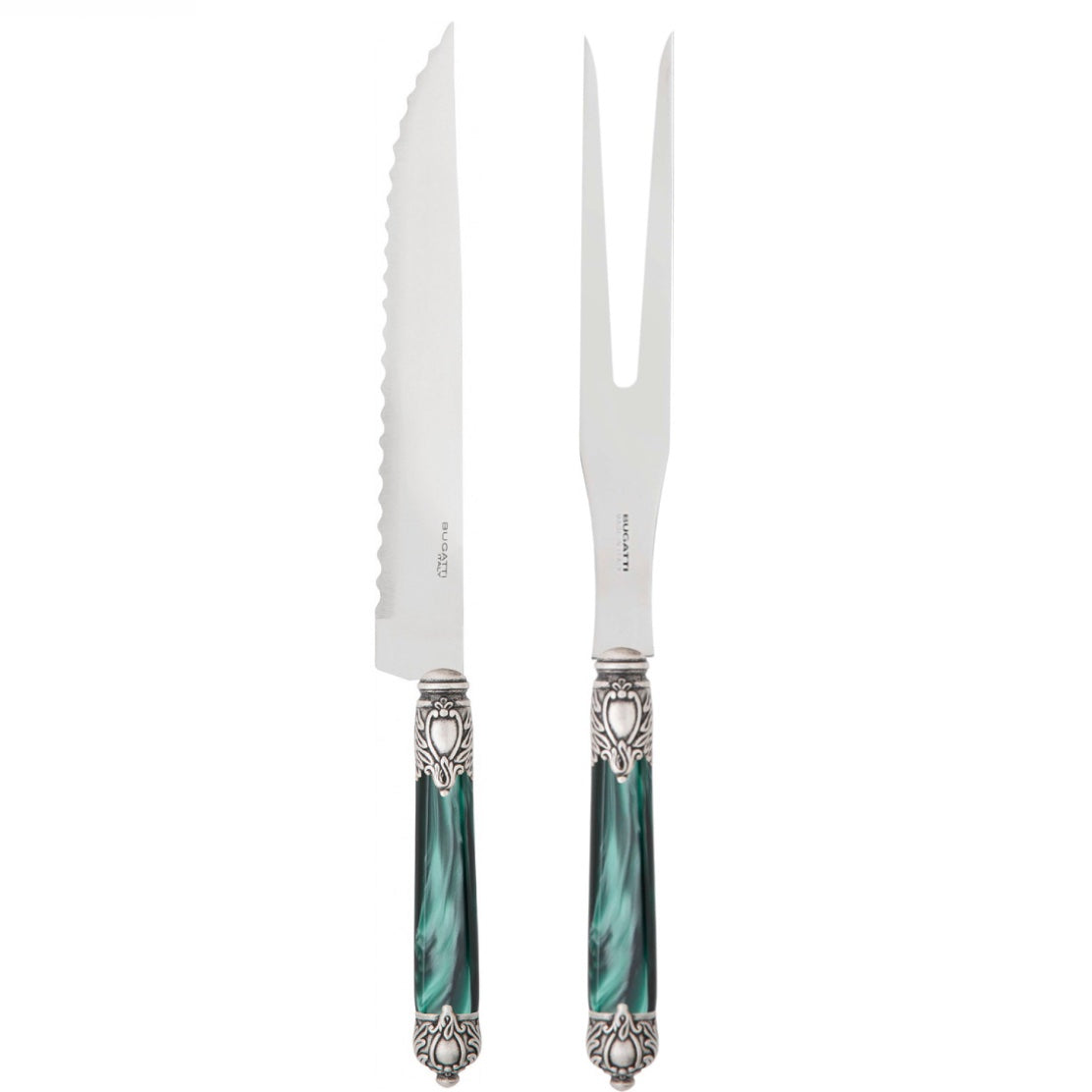Rinascimento Antique Silver Roast Carving Set, Emerald Green — Casa Bugatti