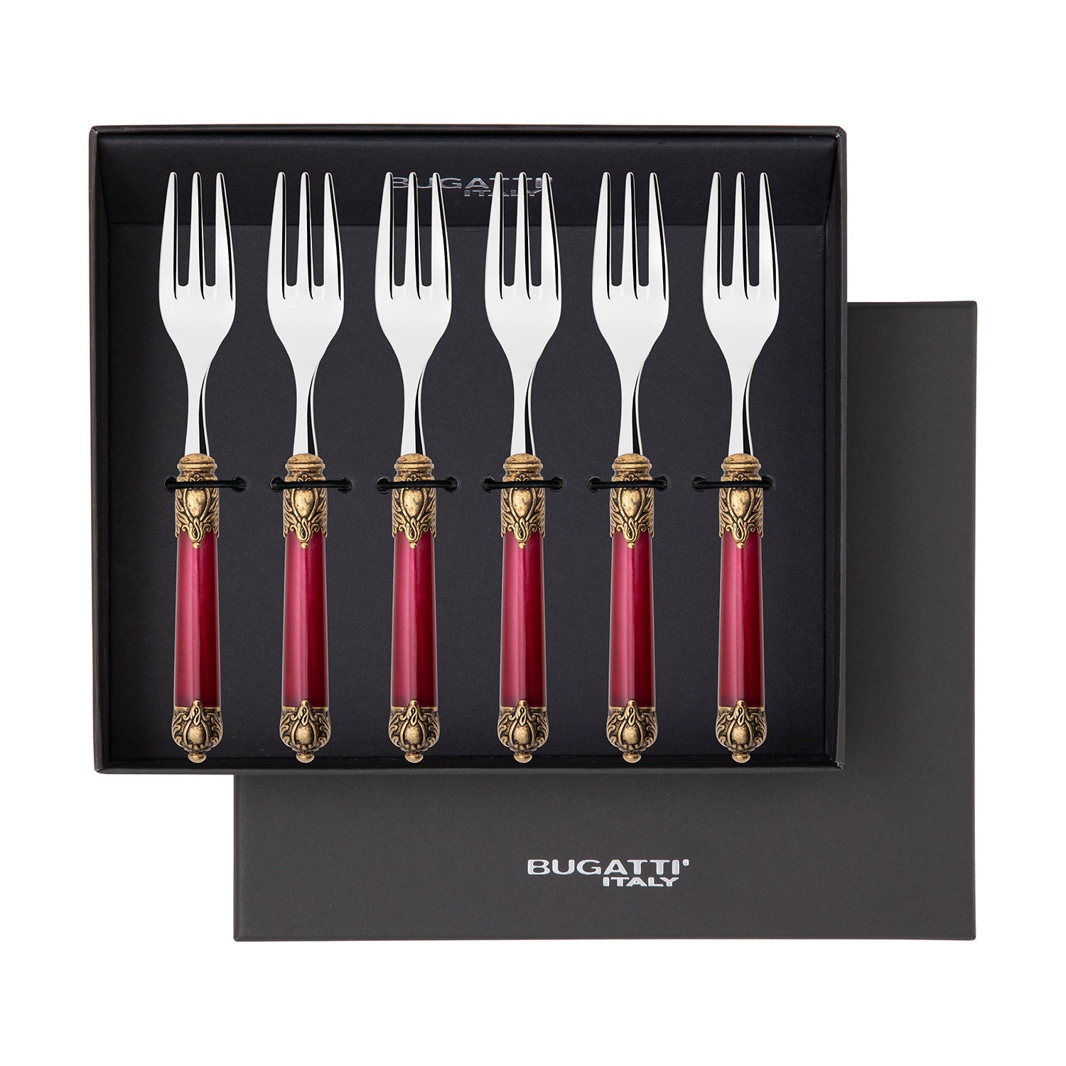 Rinascimento Gold ring Cocktail / Cake Forks Set in Gift Box - Burgundy