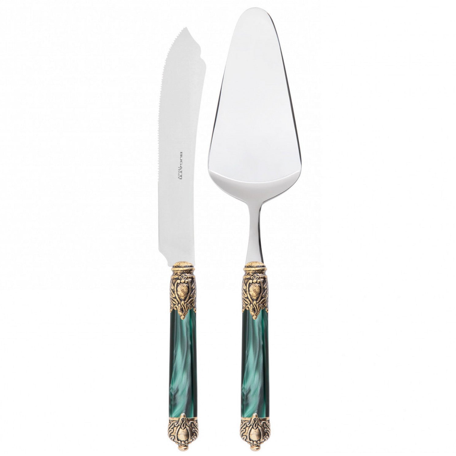 Rinascimento Antique Gold 2 Piece Cake Serving Set in Gift Box - Emerald Green-Casa Bugatti USA