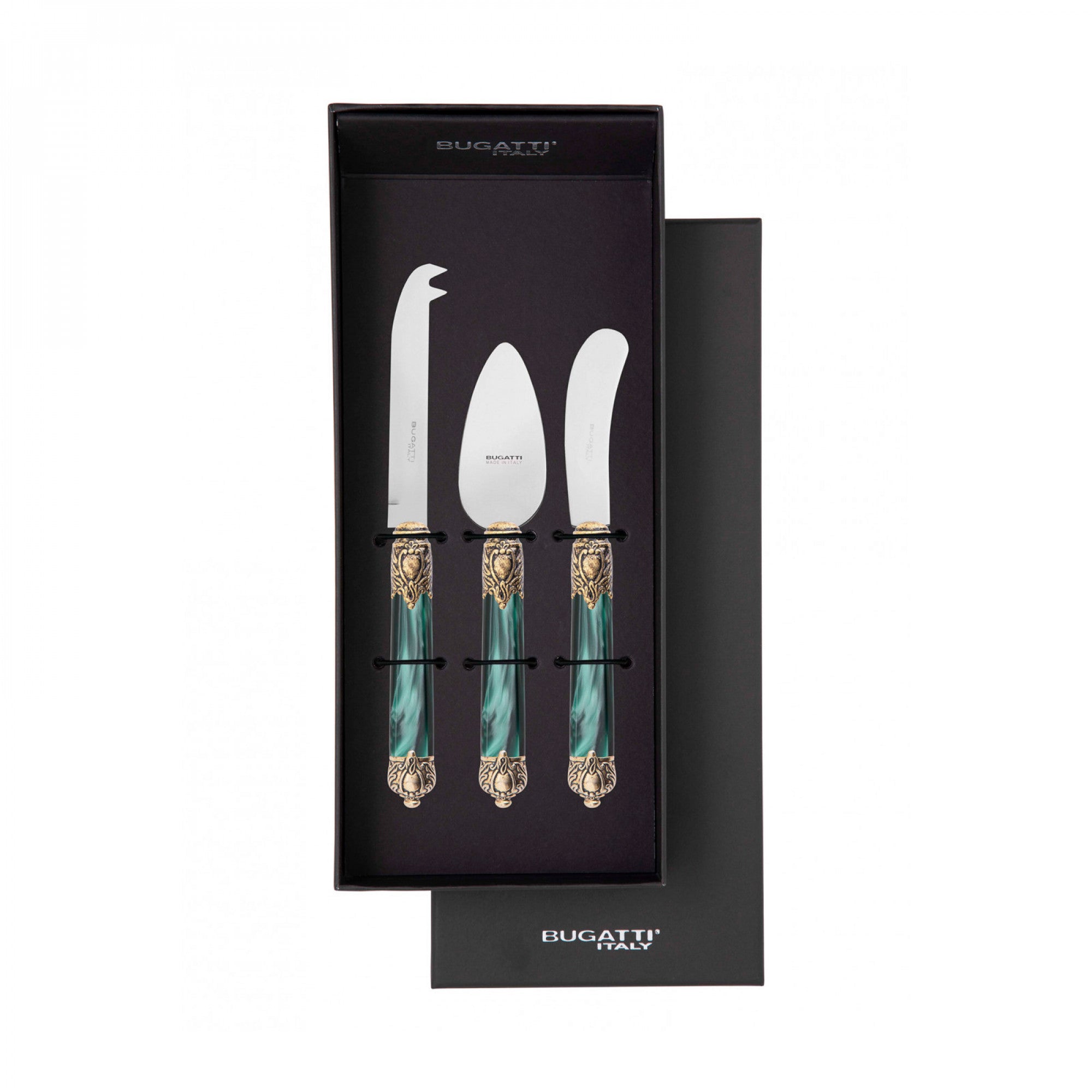 Rinascimento Gold ring Cheese Knives Set in Gift Box - Emerald Green