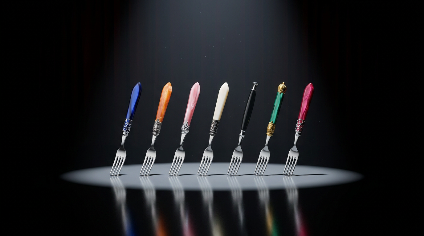 Seven Casa Bugatti collections on one stage — Melodia, Oxford, Falabella, Optical, Country and Rinascimento forks in pearlescent colors under a spotlight