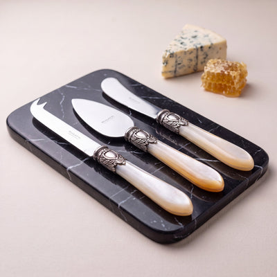 Cheese Knife Sets on black Marquina marble — Casa Bugatti