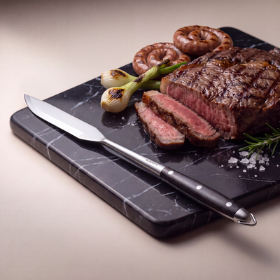 Casa Bugatti BBQ carving knife on black Marquina marble with grilled steak and sausages