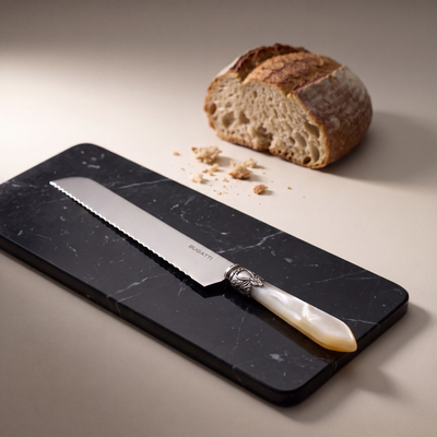 Bread Knives on black Marquina marble — Casa Bugatti