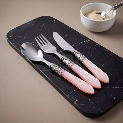 Casa Bugatti Baby Melodia three piece child's cutlery set, pink pearl handles, on black marble
