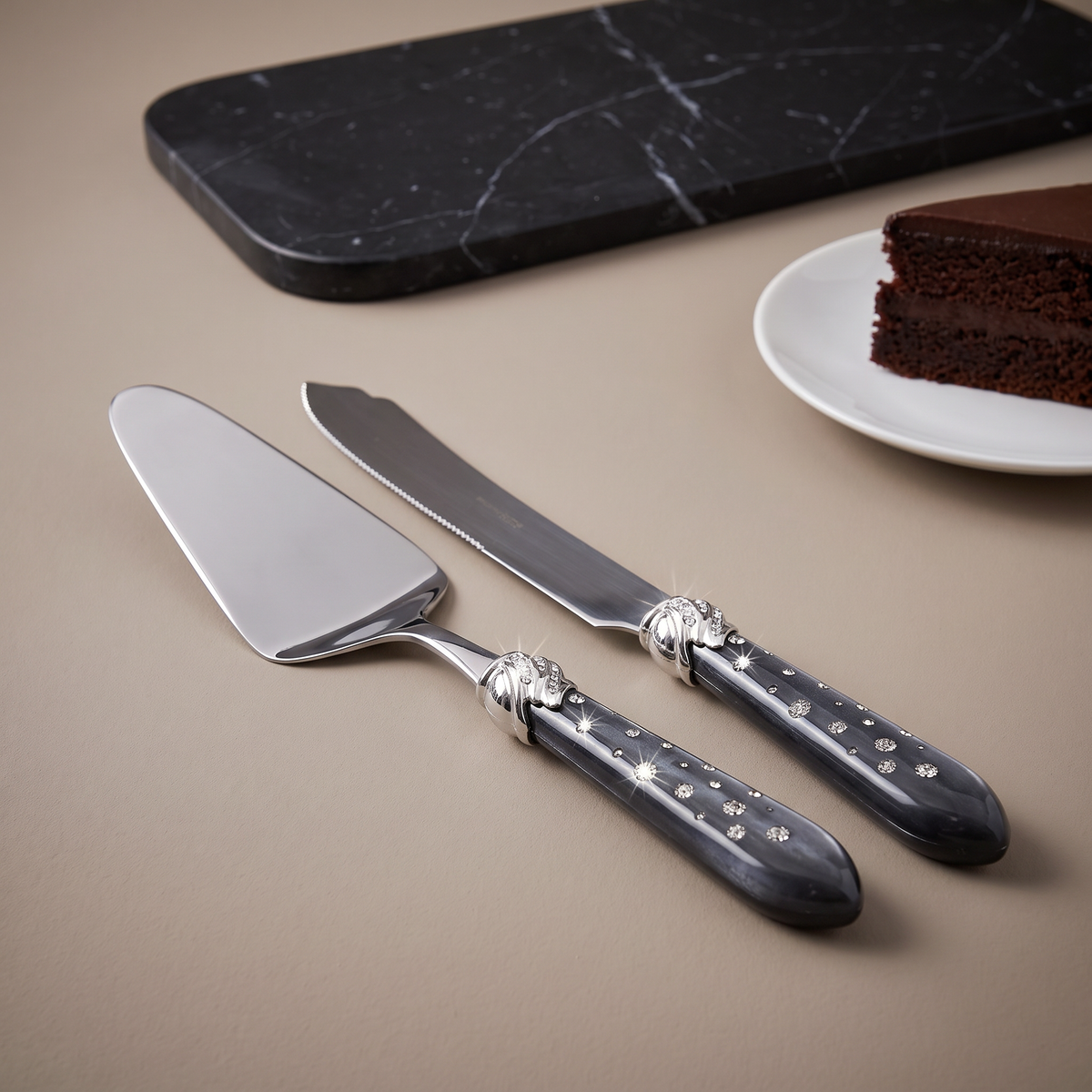 Casa Bugatti Falabella Galleria two piece cake serving set, charcoal handles with crystals