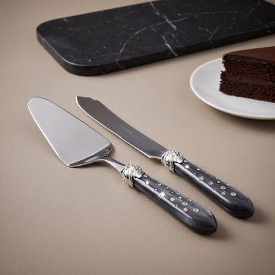 Casa Bugatti Falabella Galleria two piece cake serving set, charcoal handles with crystals