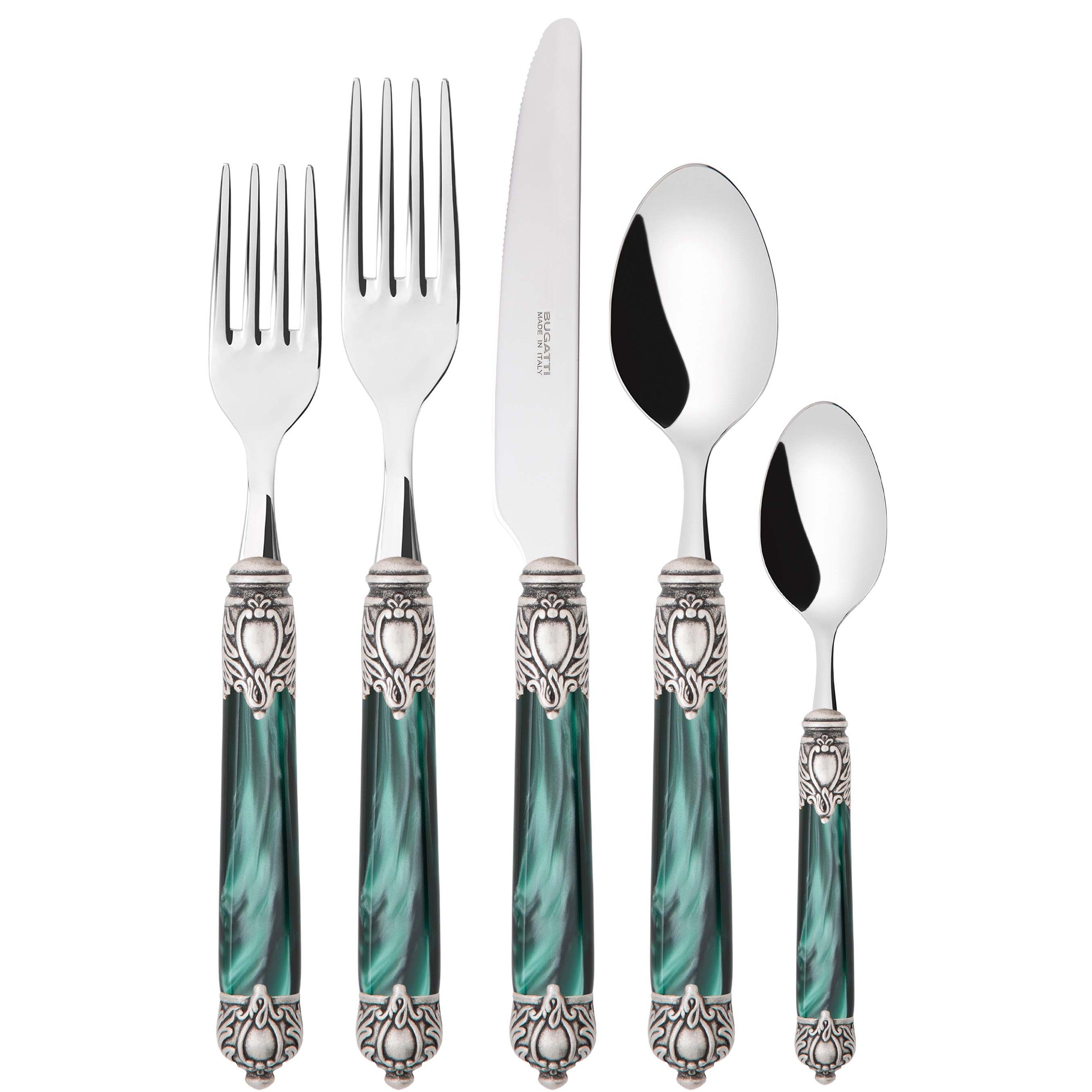 Rinascimento Antique Silver 5 Piece Place Setting - Emerald Green-Casa Bugatti USA