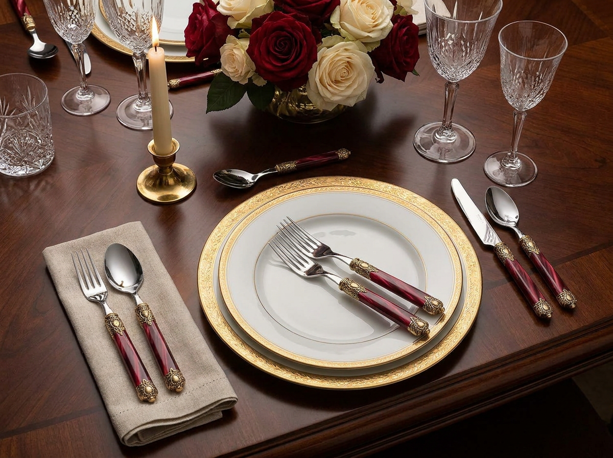 Rinascimento Antique Gold 5 Piece Place Setting - Burgundy