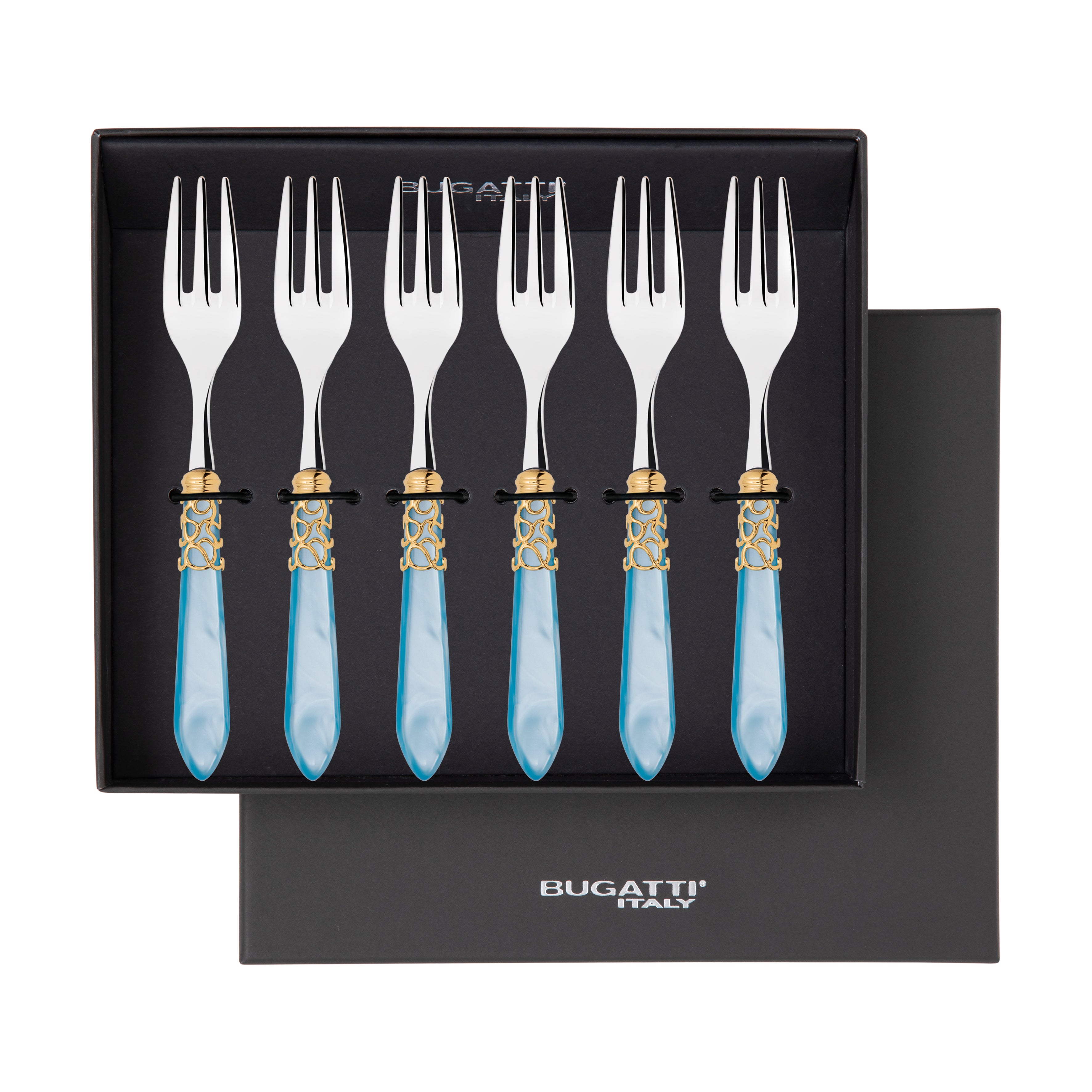 Melodia Gold Cocktail / Cake Fork Set in gift box - sky blue