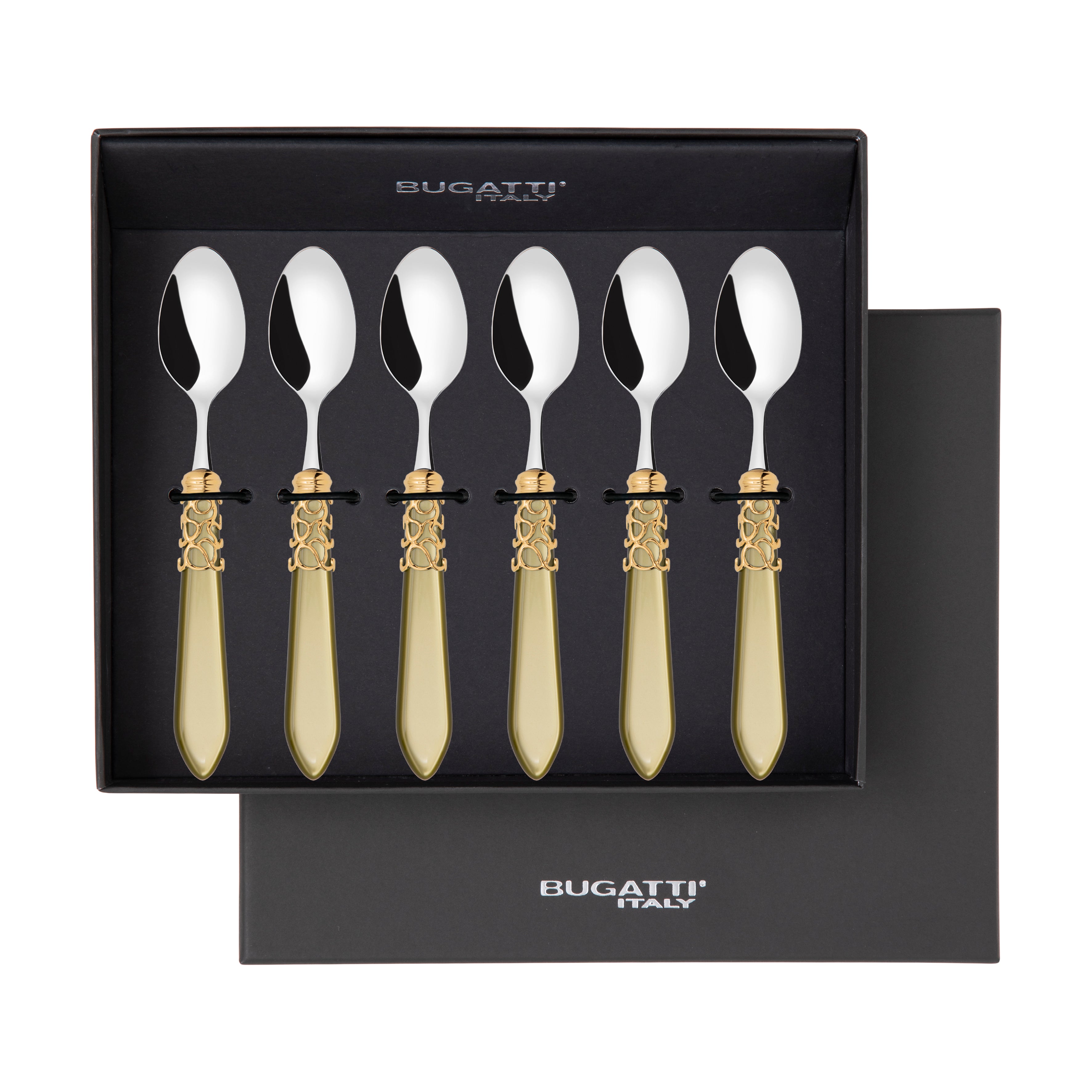 Melodia Gold 6 Piece Moka Spoon Set in gift box chartreuse green