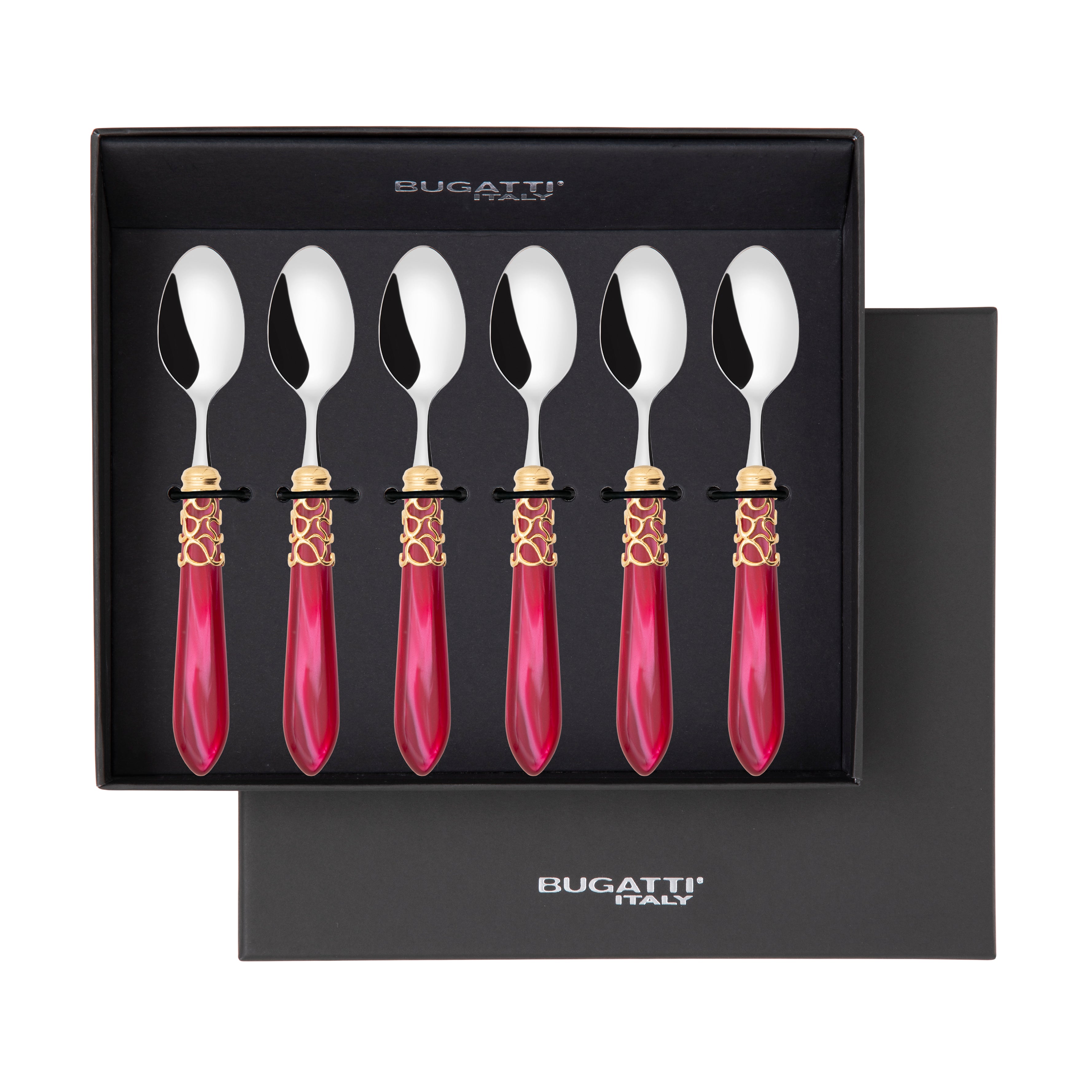 Melodia Gold 6 Piece Moka Spoon Set in gift box raspberry