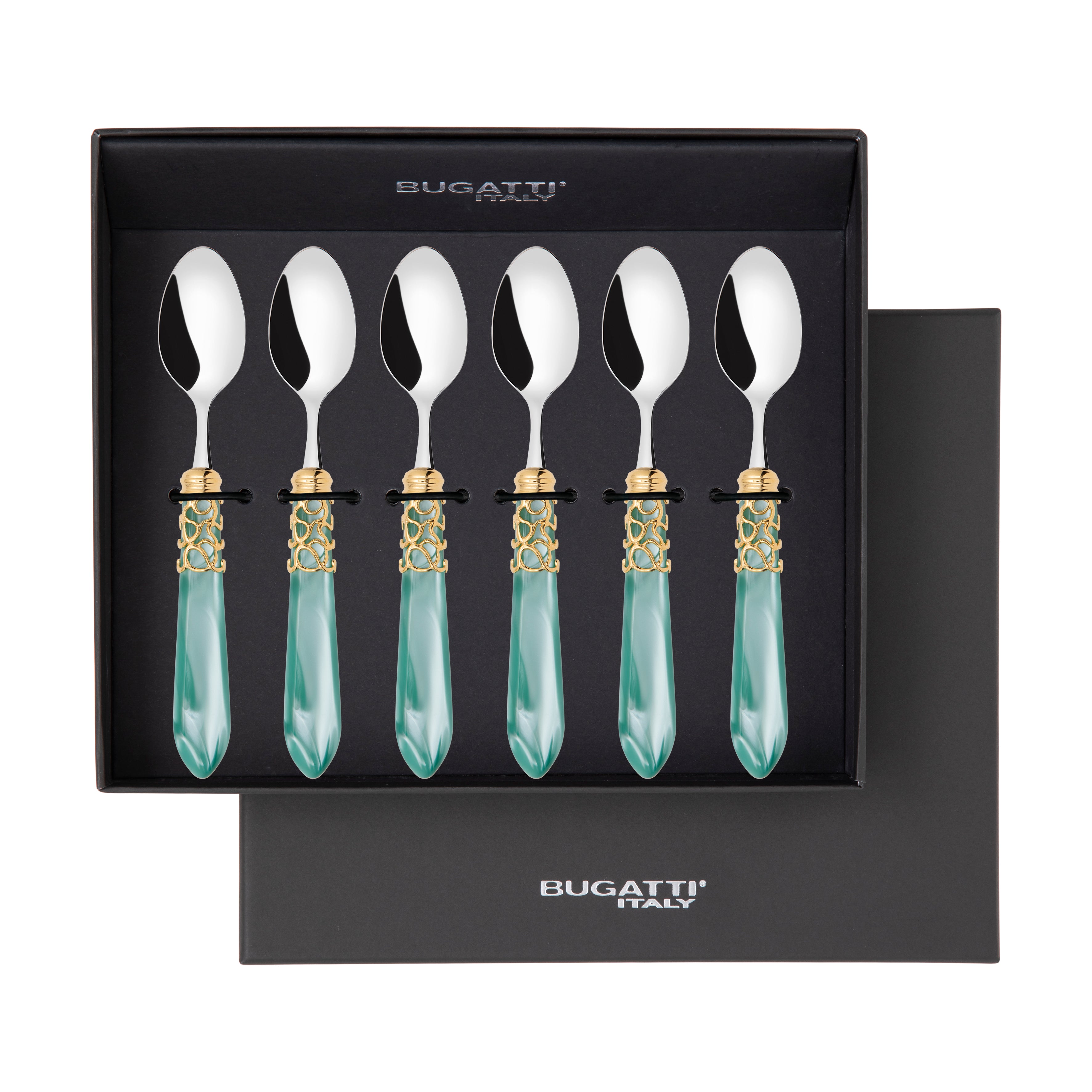 Melodia Gold 6 Piece Moka Spoon Set in gift box aqua