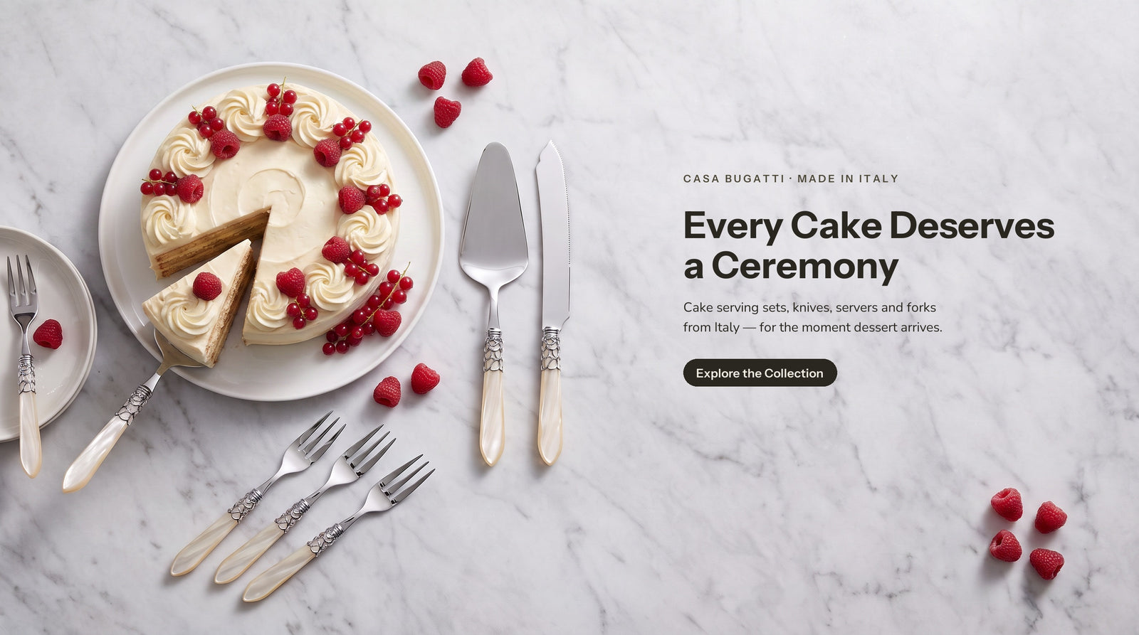 Casa Bugatti cake serving pieces on grey marble with a decorated cake — Every Cake Deserves a Ceremony. Cake serving sets, knives, servers and forks from Italy — for the moment dessert arrives. Explore the Collection.