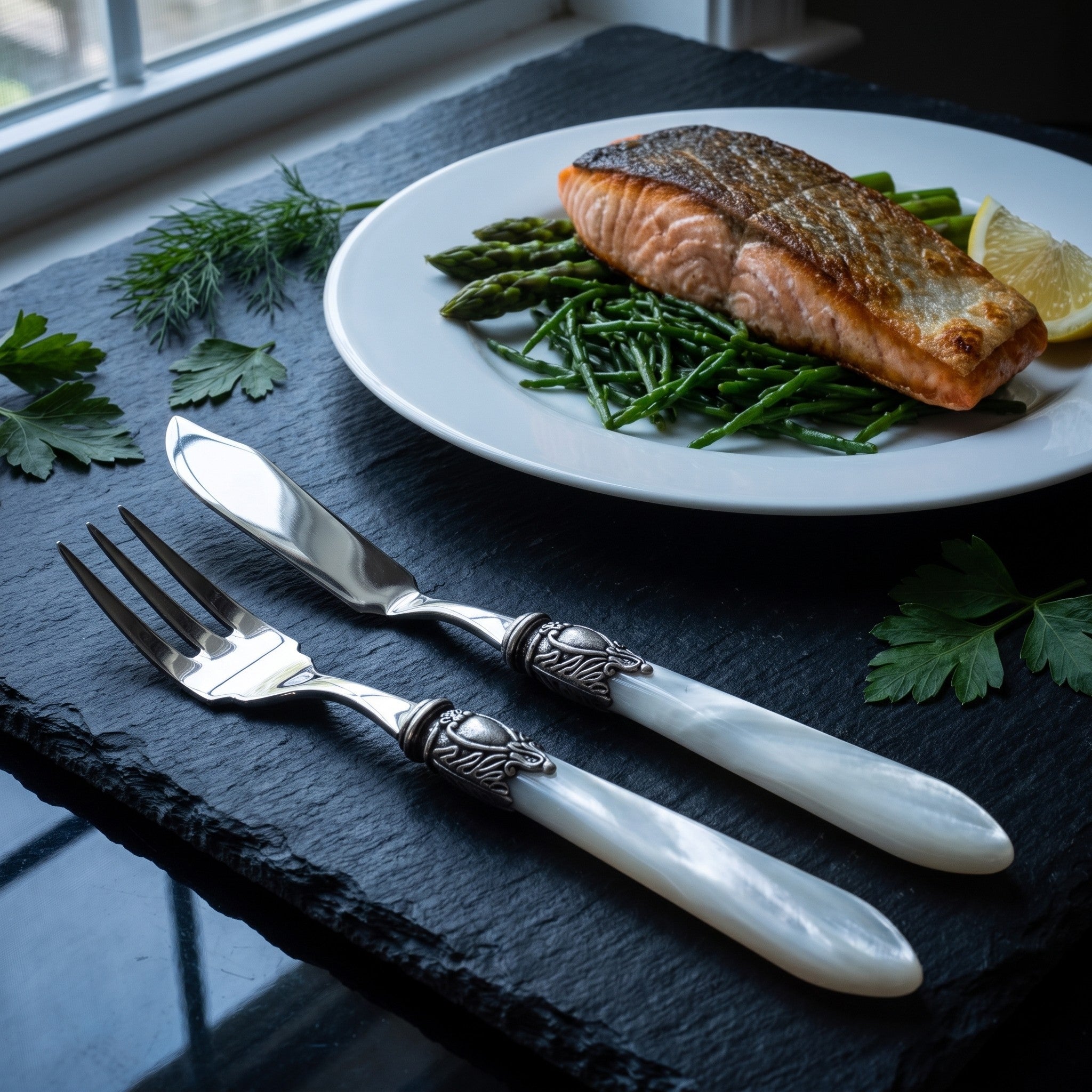 Seared salmon on a white plate with asparagus and samphire, Bugatti fish knife and fork on dark slate