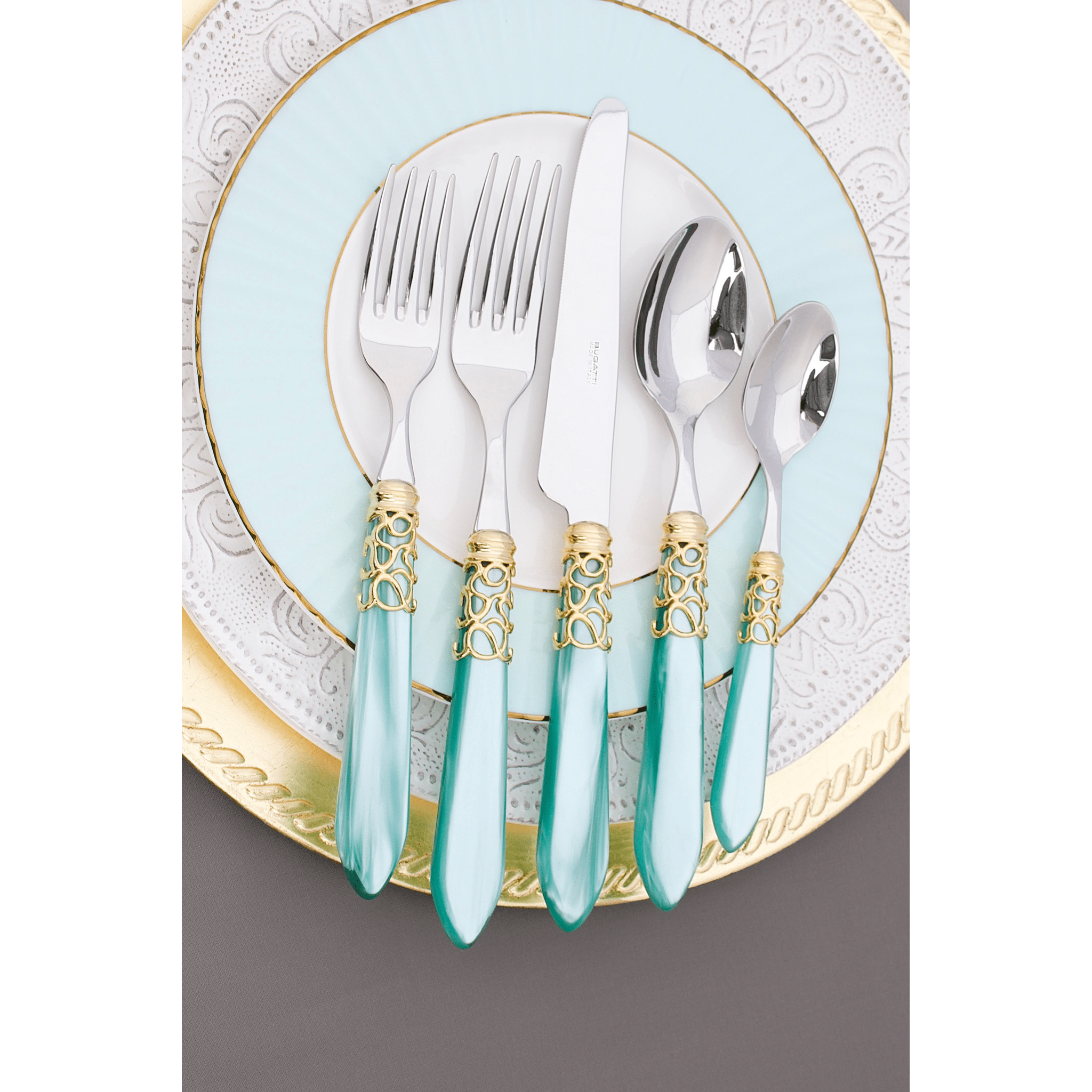 Melodia Gold Ring 5 Piece Place Setting Aqua-Casa Bugatti USA
