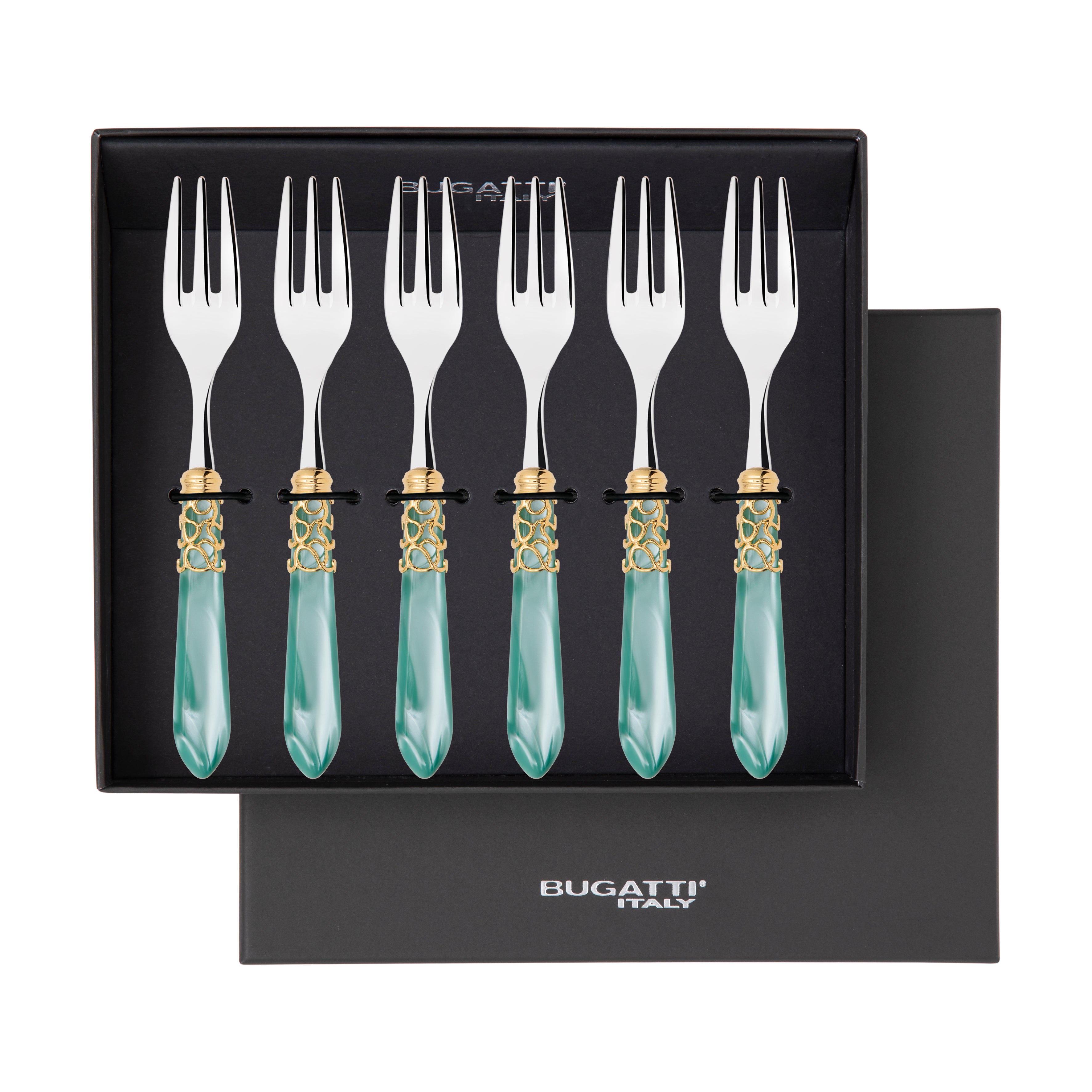Melodia Gold Cocktail / Cake Fork Set in gift box - aqua-Casa Bugatti USA