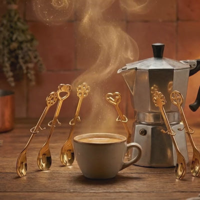 Gold Portafortuna lucky-charm moka spoons gathered around a moka pot and a cup of espresso, steam rising