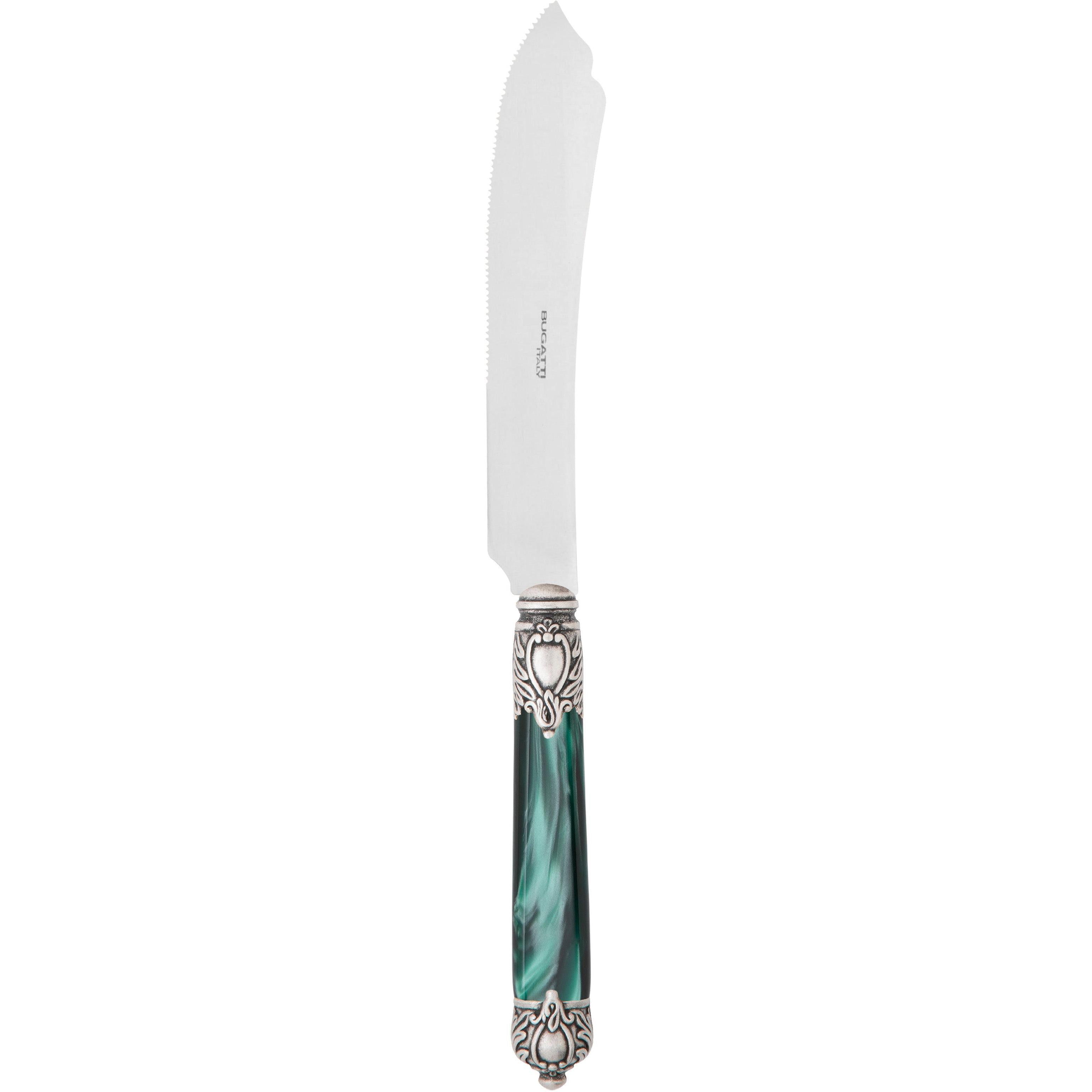 Rinascimento Antique Silver Cake Knife 28 cm (11.02 Inch) - Emerald Green-Casa Bugatti USA