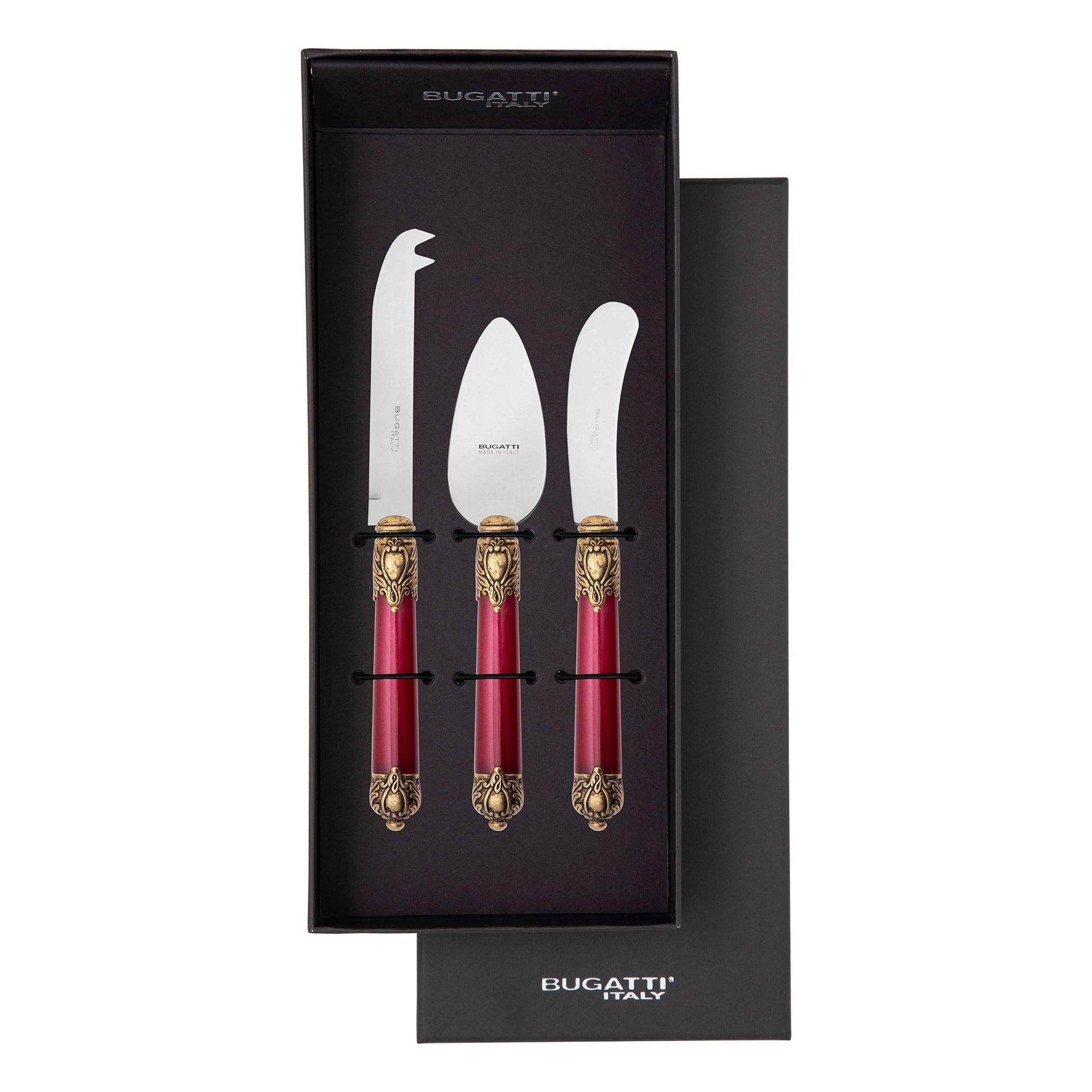 Rinascimento Gold ring Cheese Knives Set in Gift Box - Burgundy