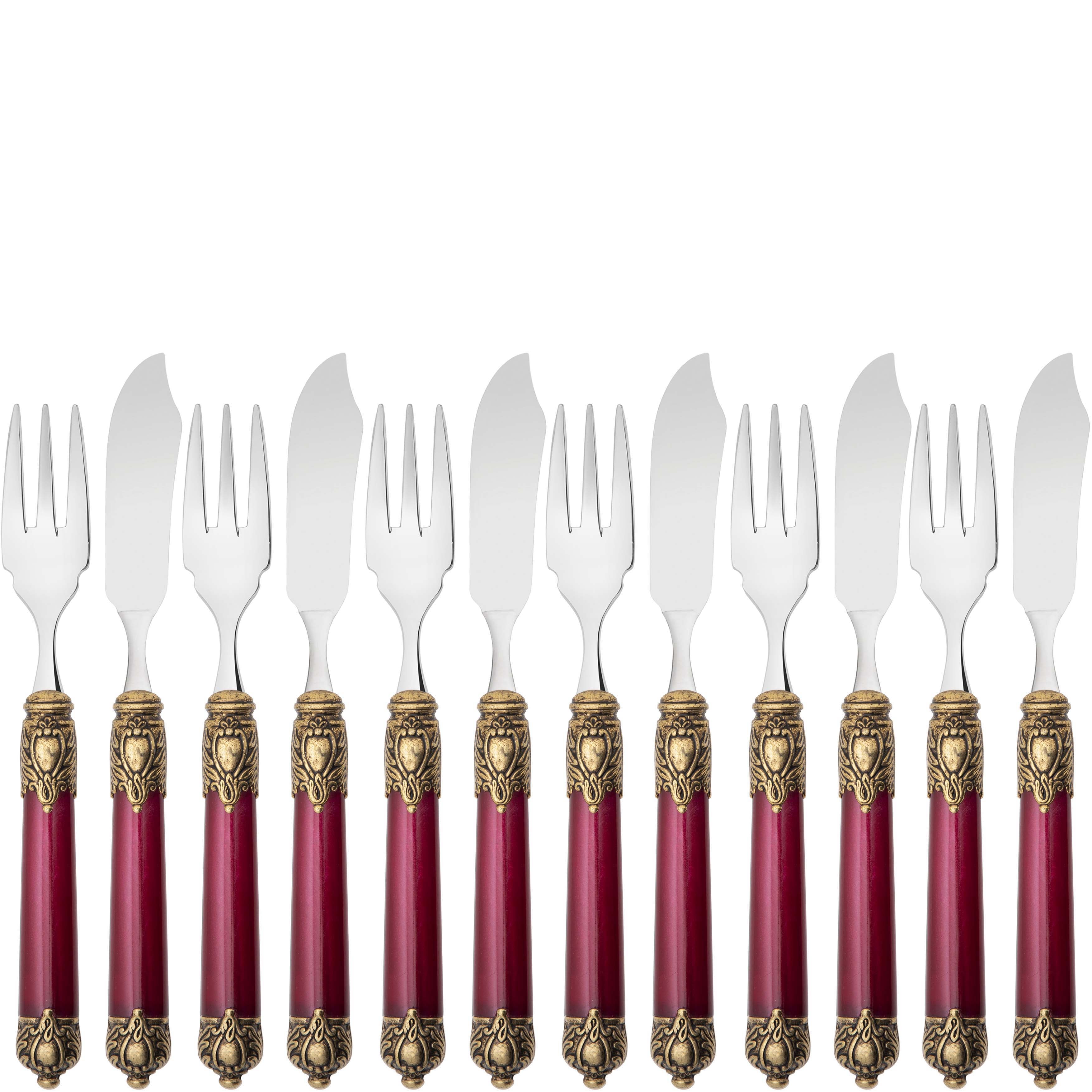 Rinascimento Antique Gold 12 Pieces Fish Set, Burgundy — Casa Bugatti
