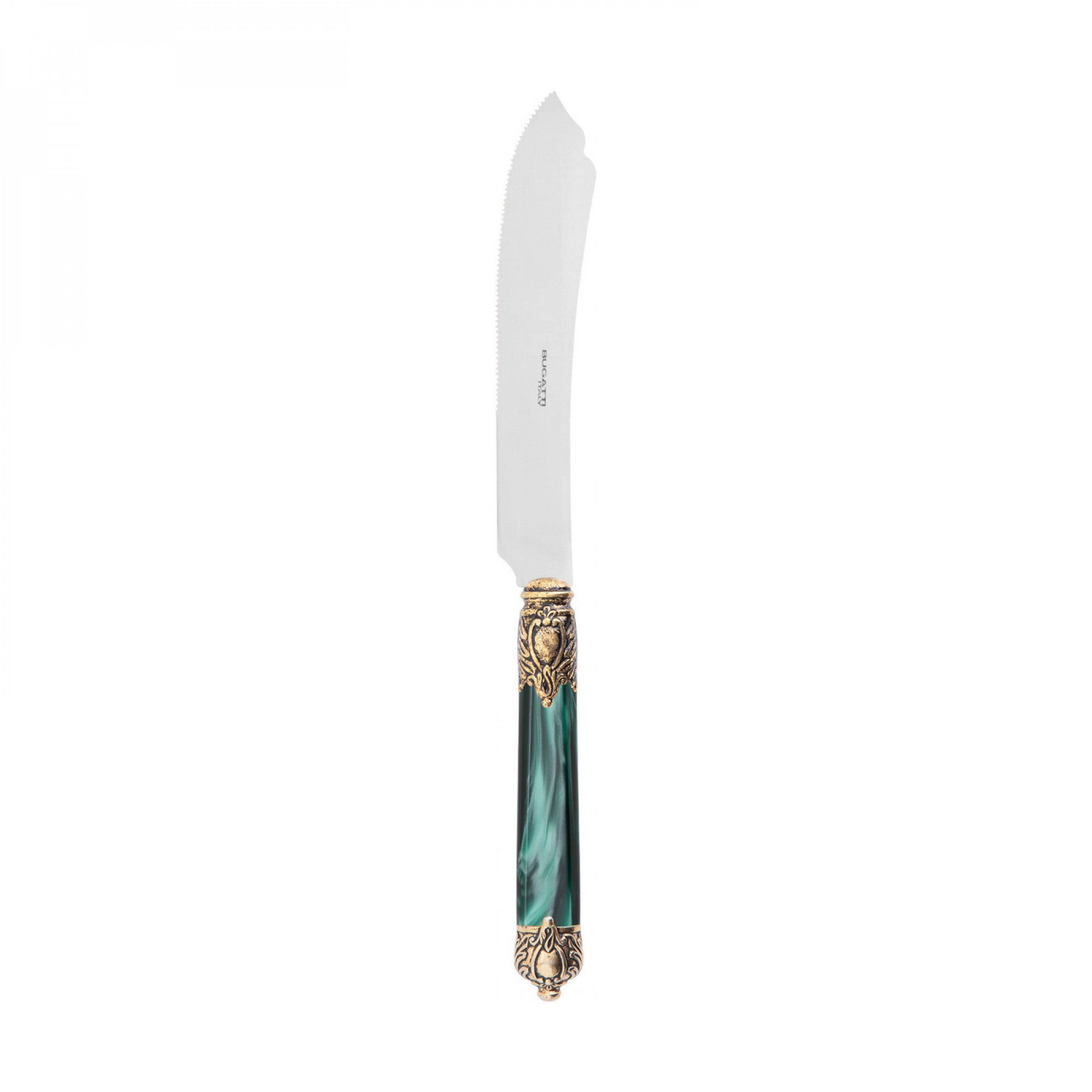 Rinascimento Antique Gold Cake Knife 28 cm (11.02 Inch) - Emerald Green-Casa Bugatti USA