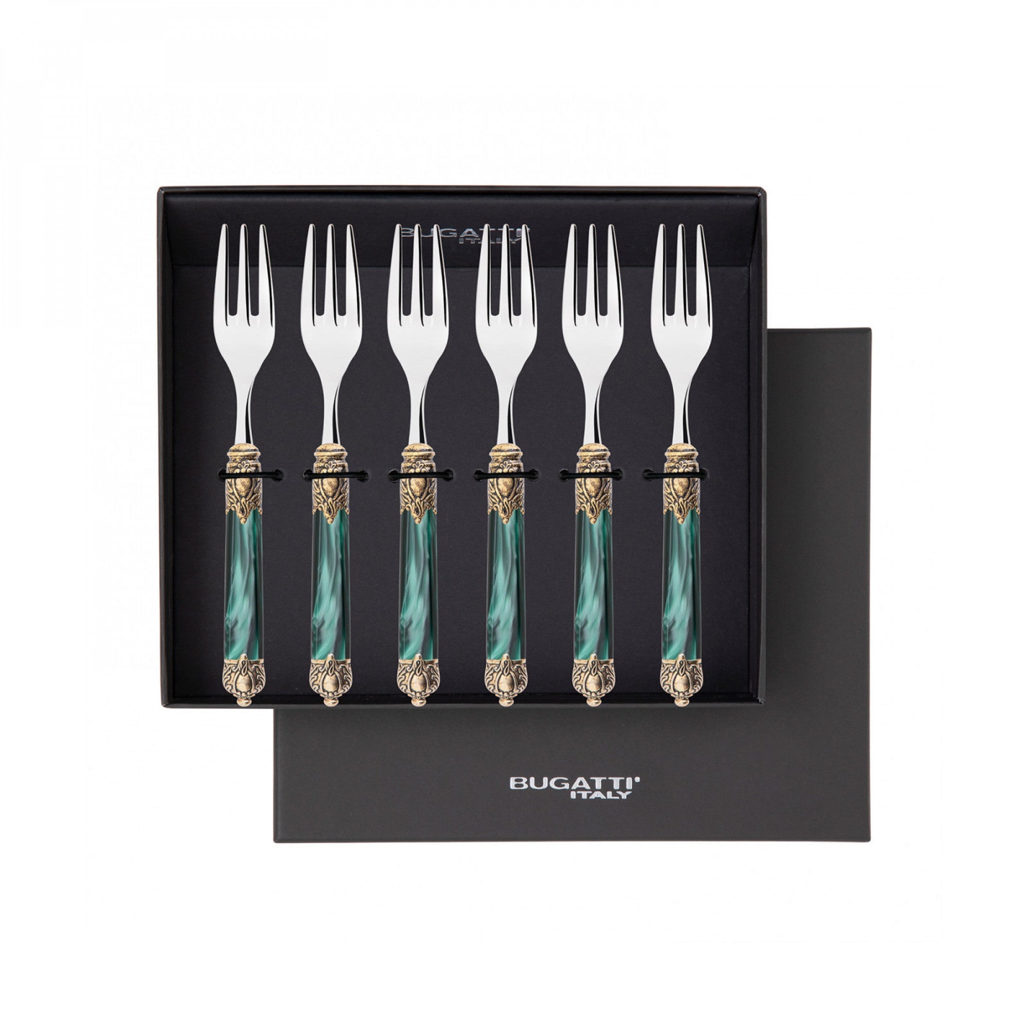 Rinascimento Gold ring Cocktail / Cake Forks Set in Gift Box - Emerald Green
