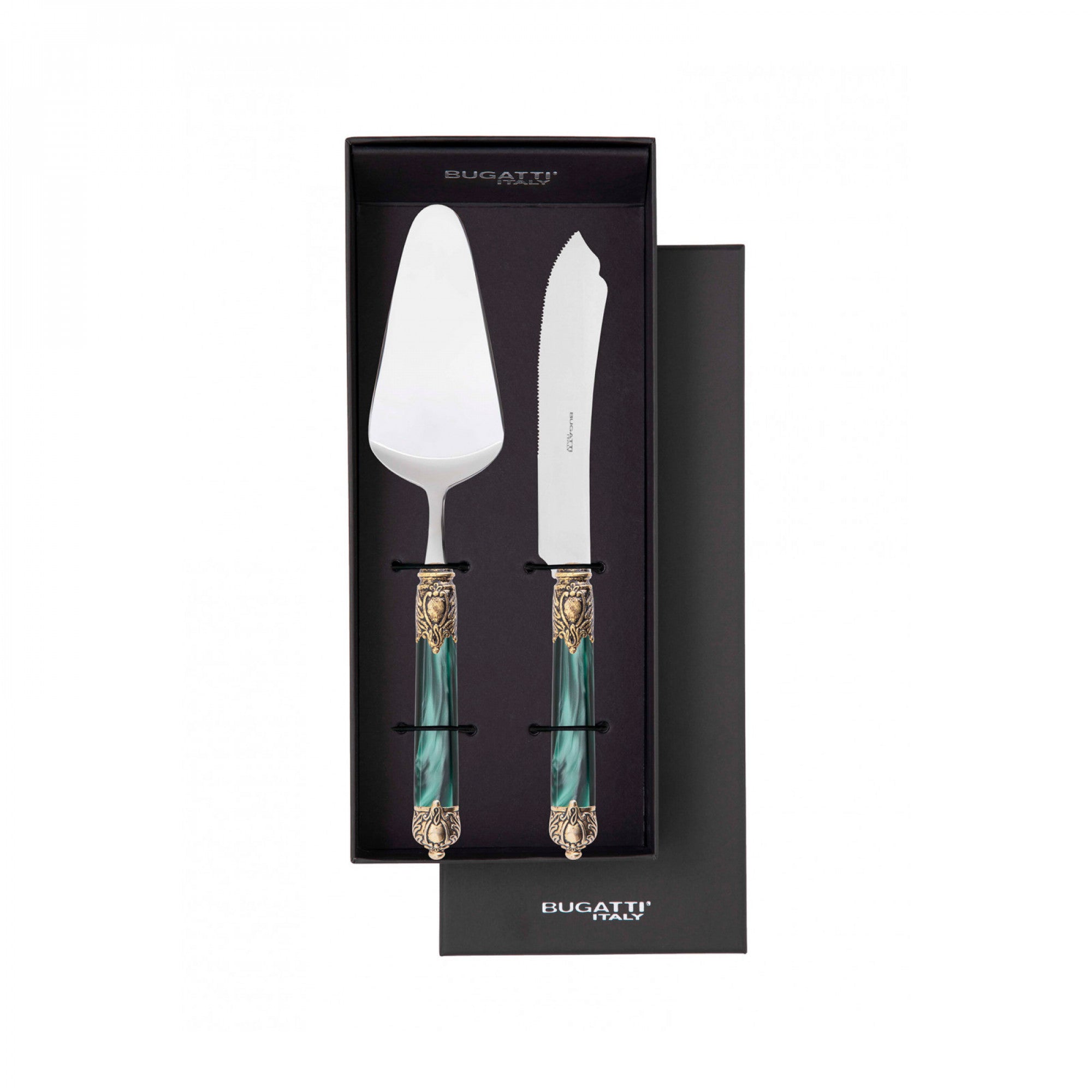 Rinascimento Antique Gold 2 Piece Cake Serving Set in Gift Box - Emerald Green-Casa Bugatti USA