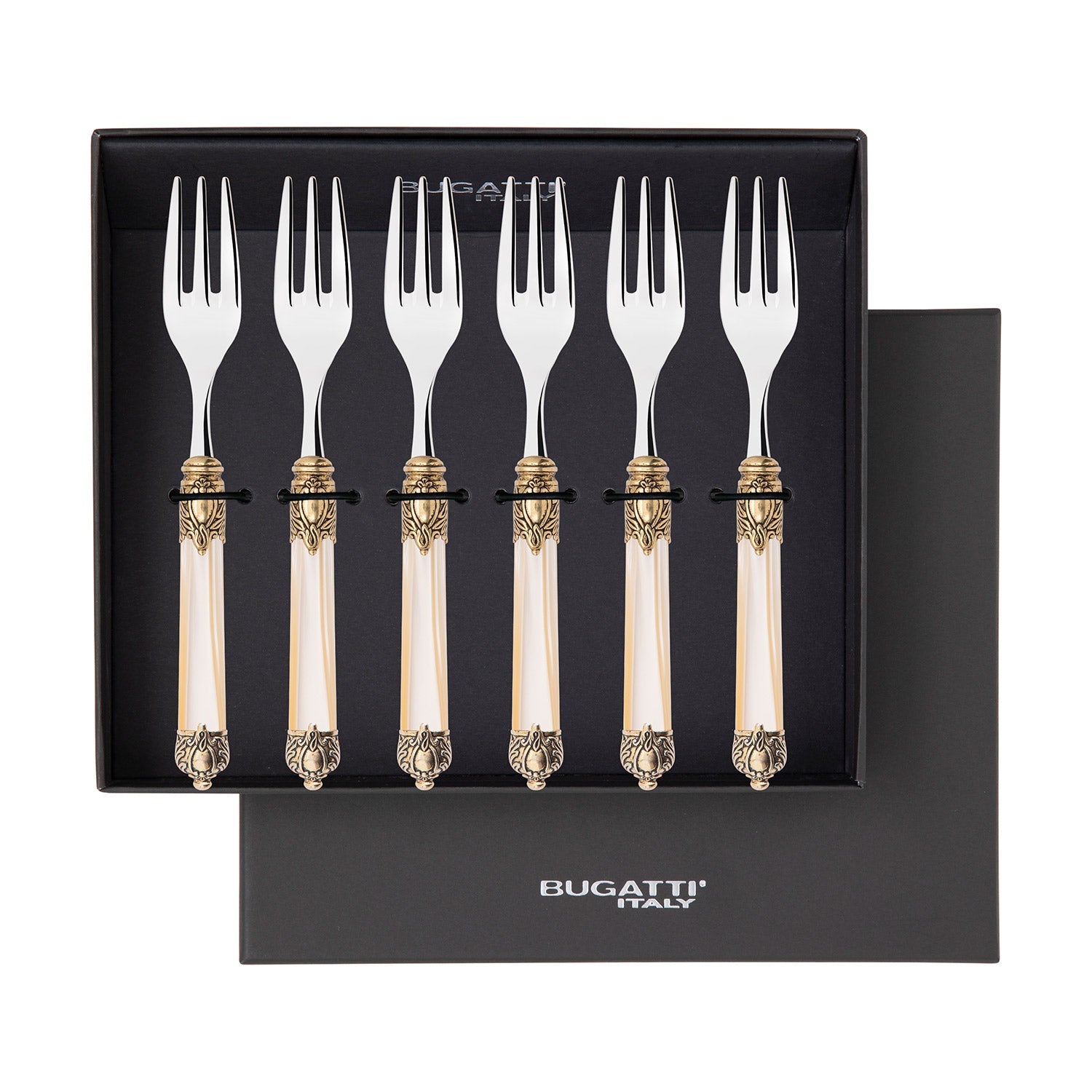 Rinascimento Gold ring Cocktail / Cake Forks Set in Gift Box - Ivory