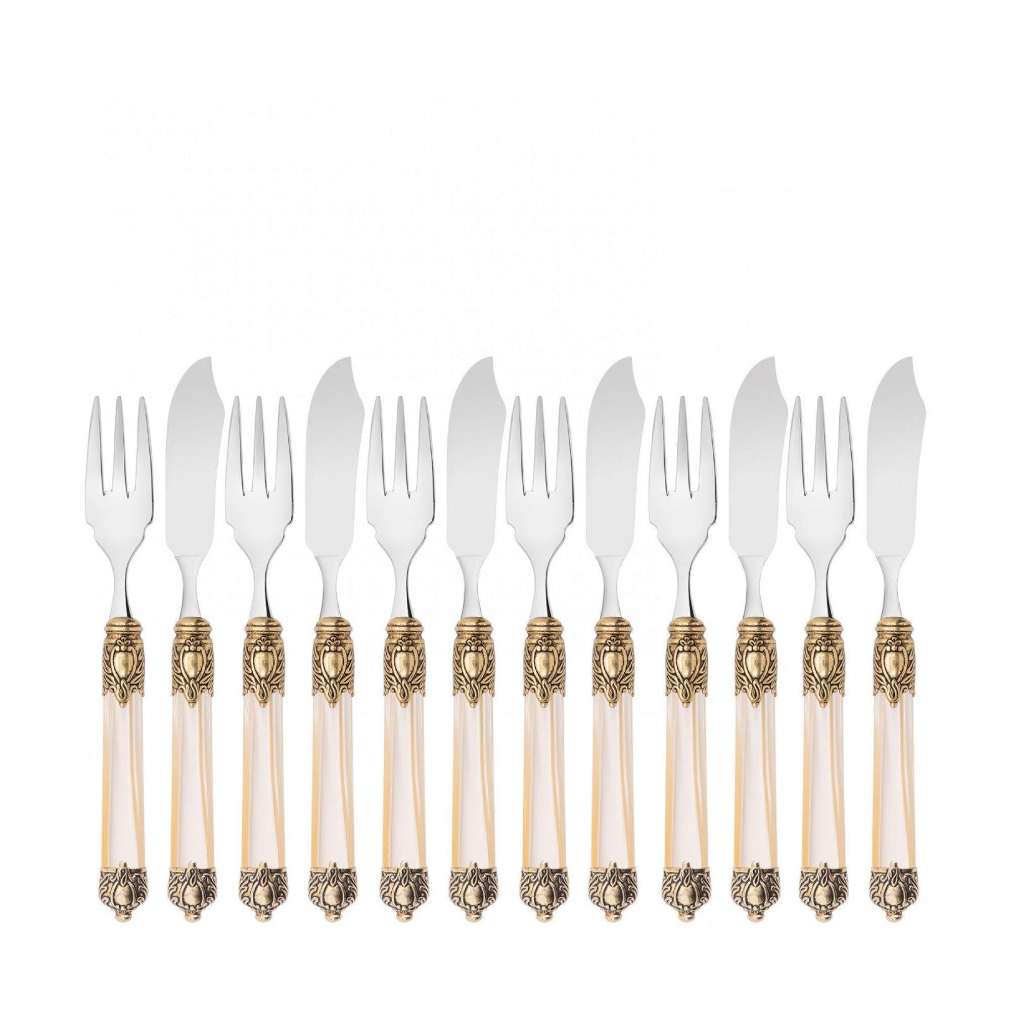 Rinascimento Antique Gold 12 Pieces Fish Set in Gift Box - Ivory-Casa Bugatti USA